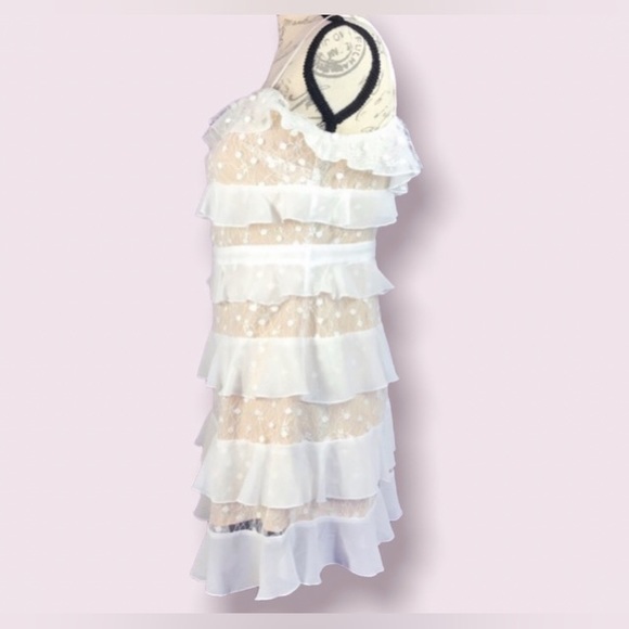 Forever 21 layers of white ruffles on tan sheer lining lace dress med - Picture 3 of 10